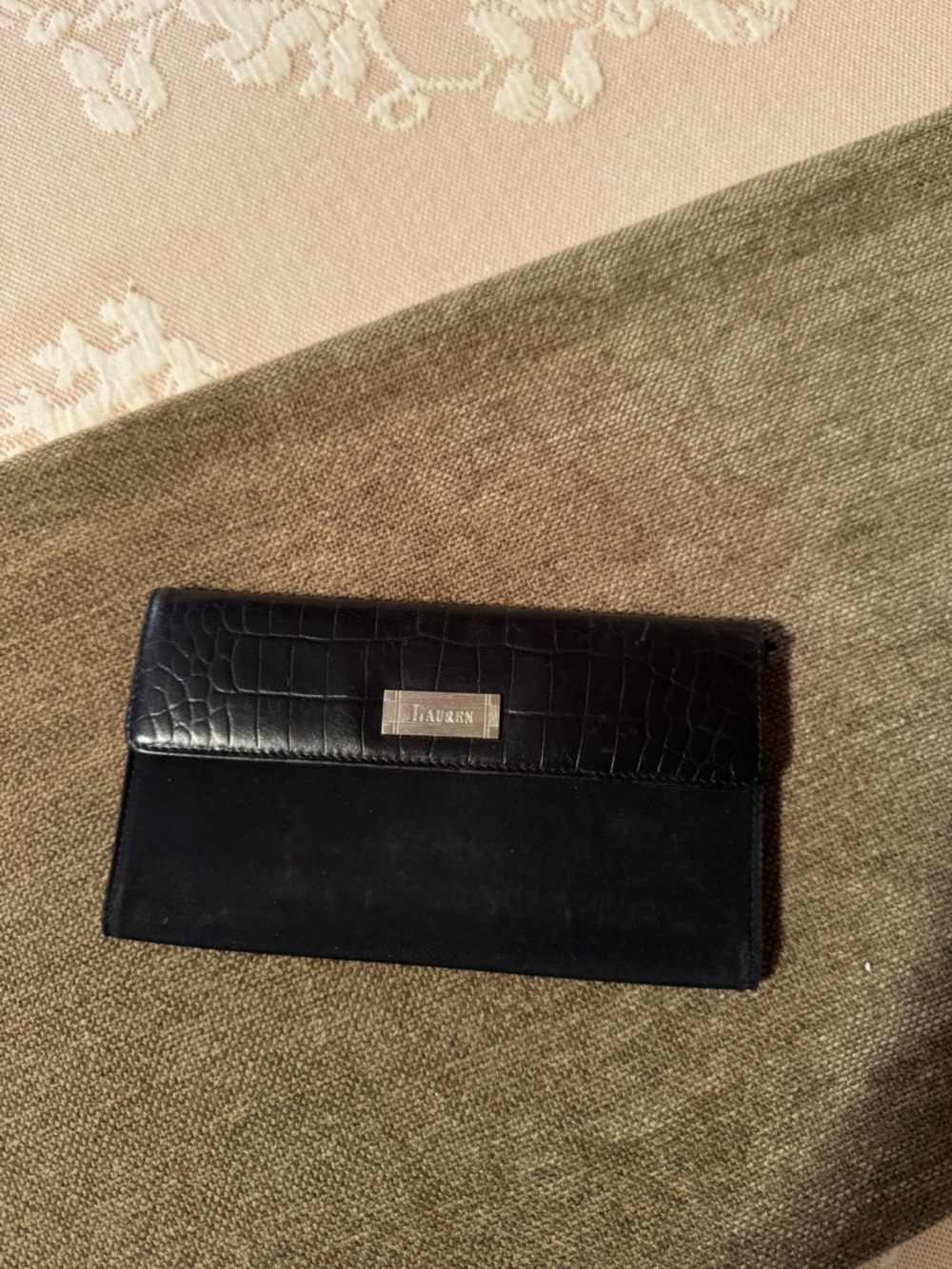 Lauren Ralph Lauren Black Croc-Embossed Flap Clutch / Wallet